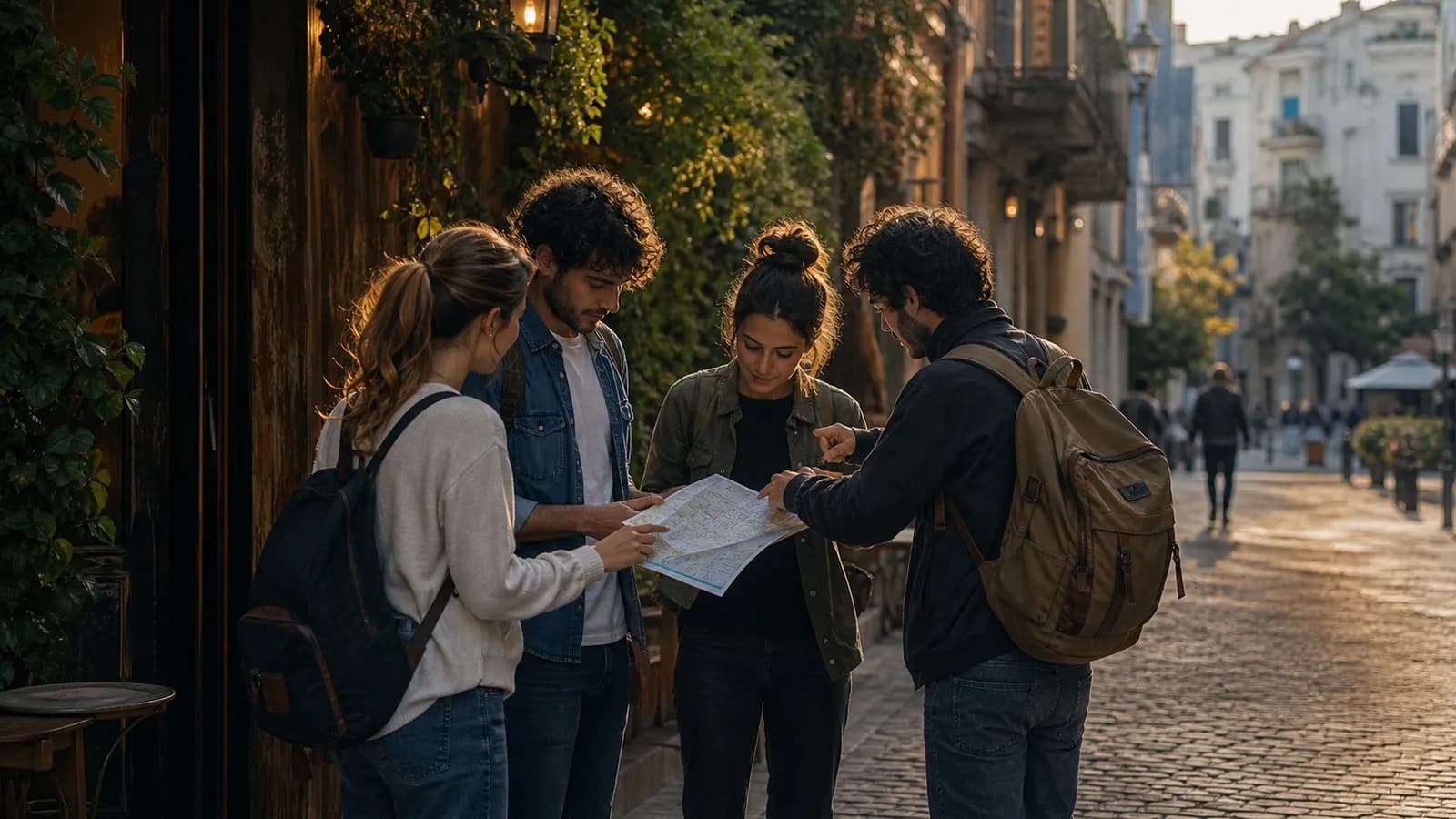 Photorealistic group decision scene showing when to use Karpo and when to use Foursquare.