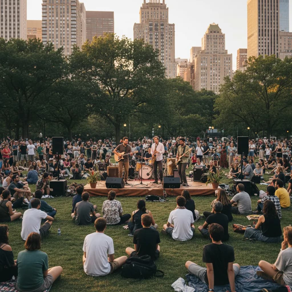 A free outdoor live-music performance in a New York City park at golden hour.