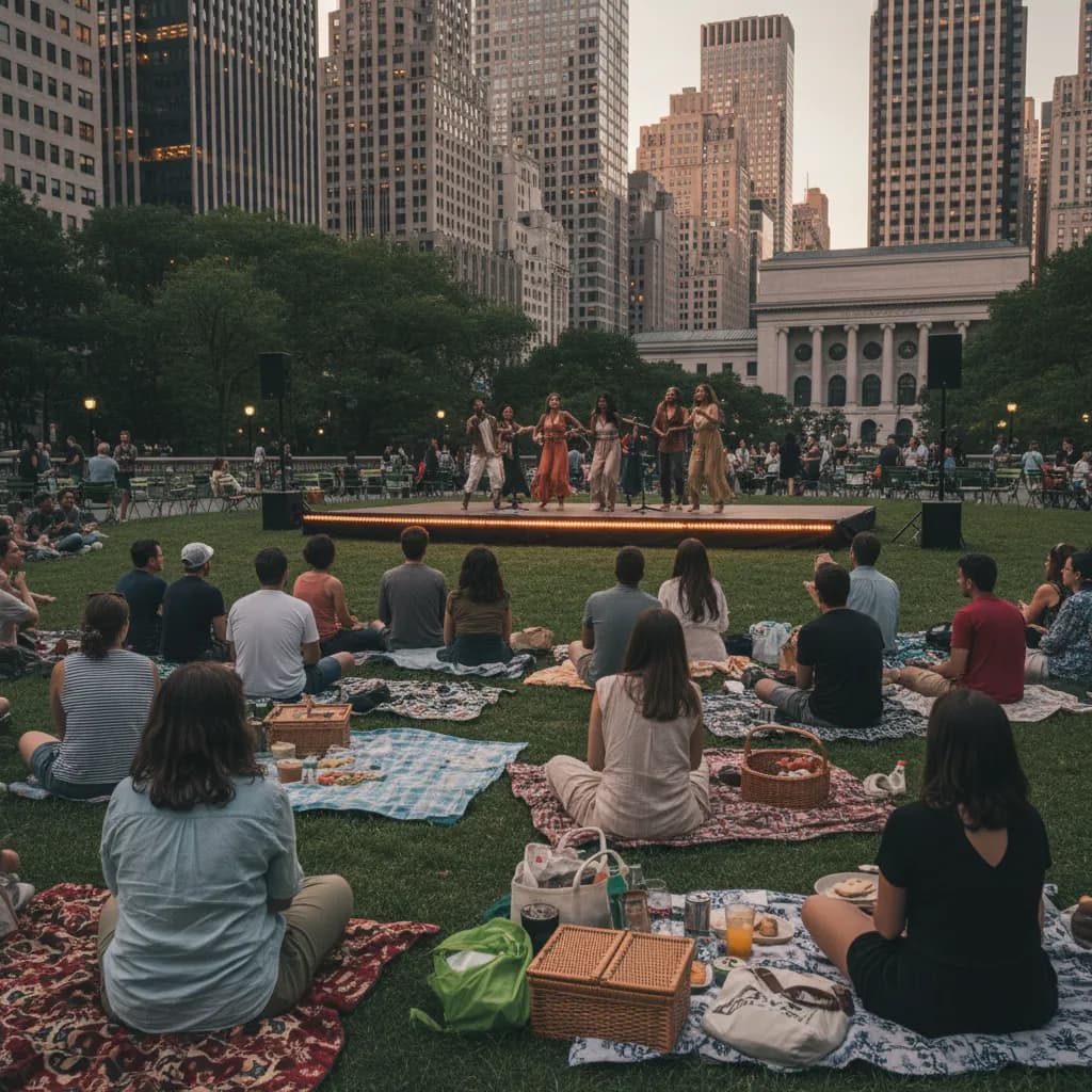 A Bryant Park style lawn performance setup with picnic blankets and office towers at dusk.