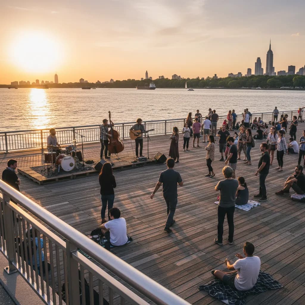 A Hudson River waterfront public music event with a small band setup near sunset.