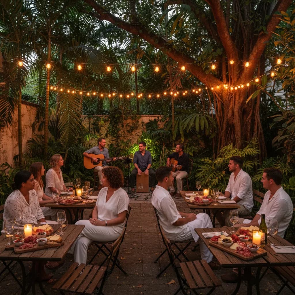 Acoustic trio playing under string lights in a lush Miami backyard wine bar while guests share wine and charcuterie at vintage tables