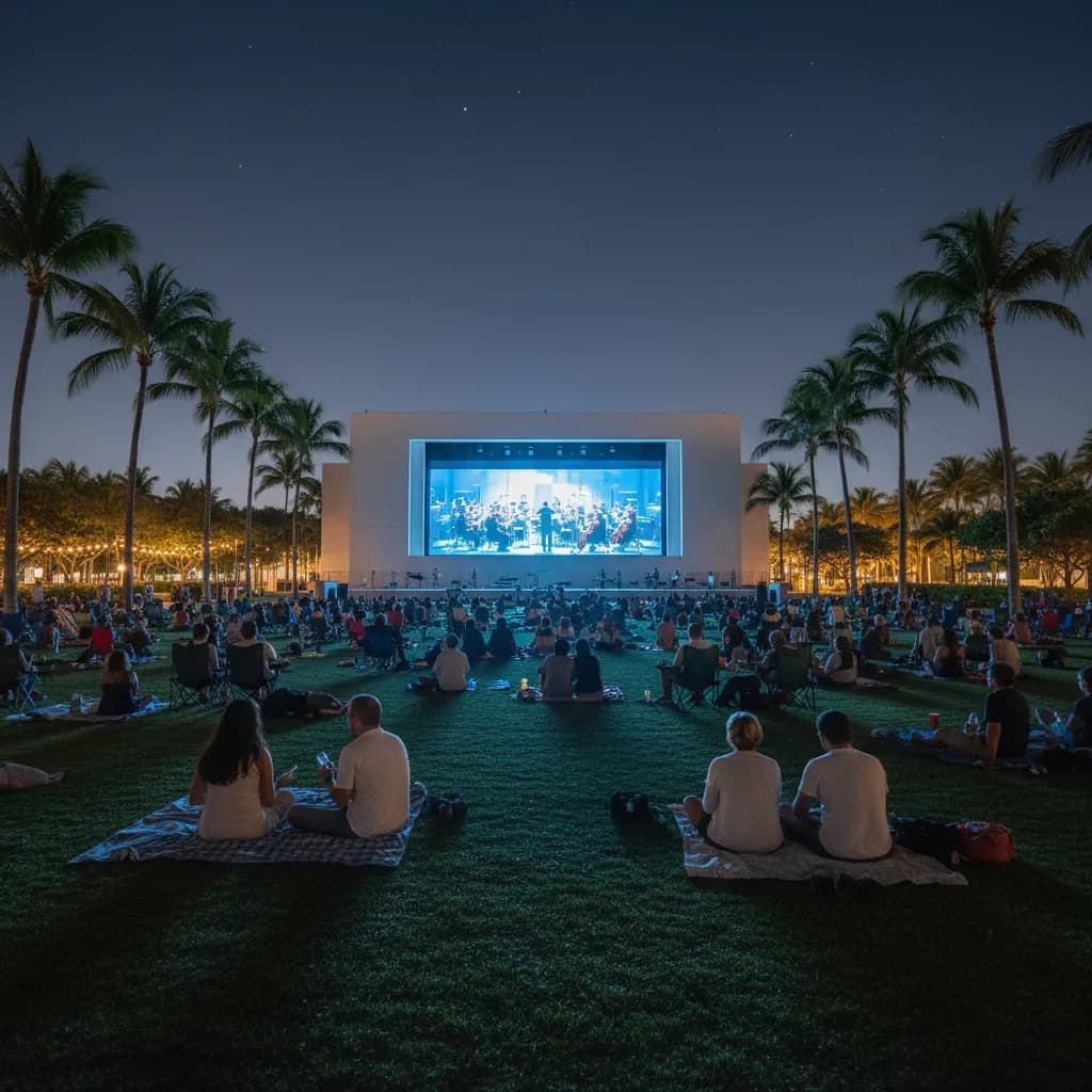 Crowd on blankets in SoundScape Park at dusk watching a symphony concert projected onto the huge white wall of the New World Center