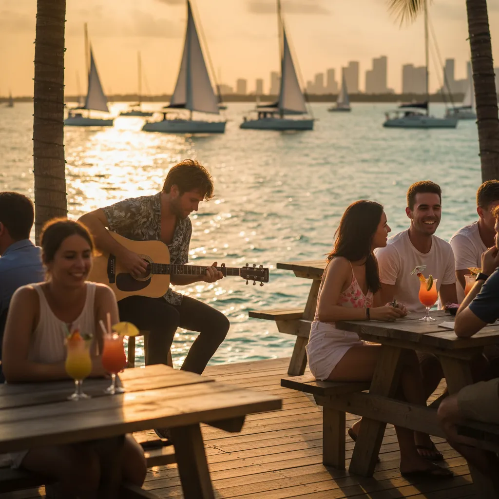 Solo guitarist playing at golden hour on a Miami waterfront deck with sailboats on Biscayne Bay behind him