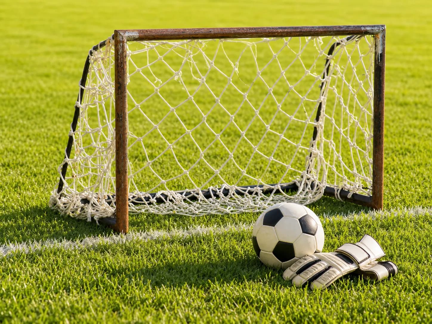 Bright realistic goalkeeper gloves and goal net image