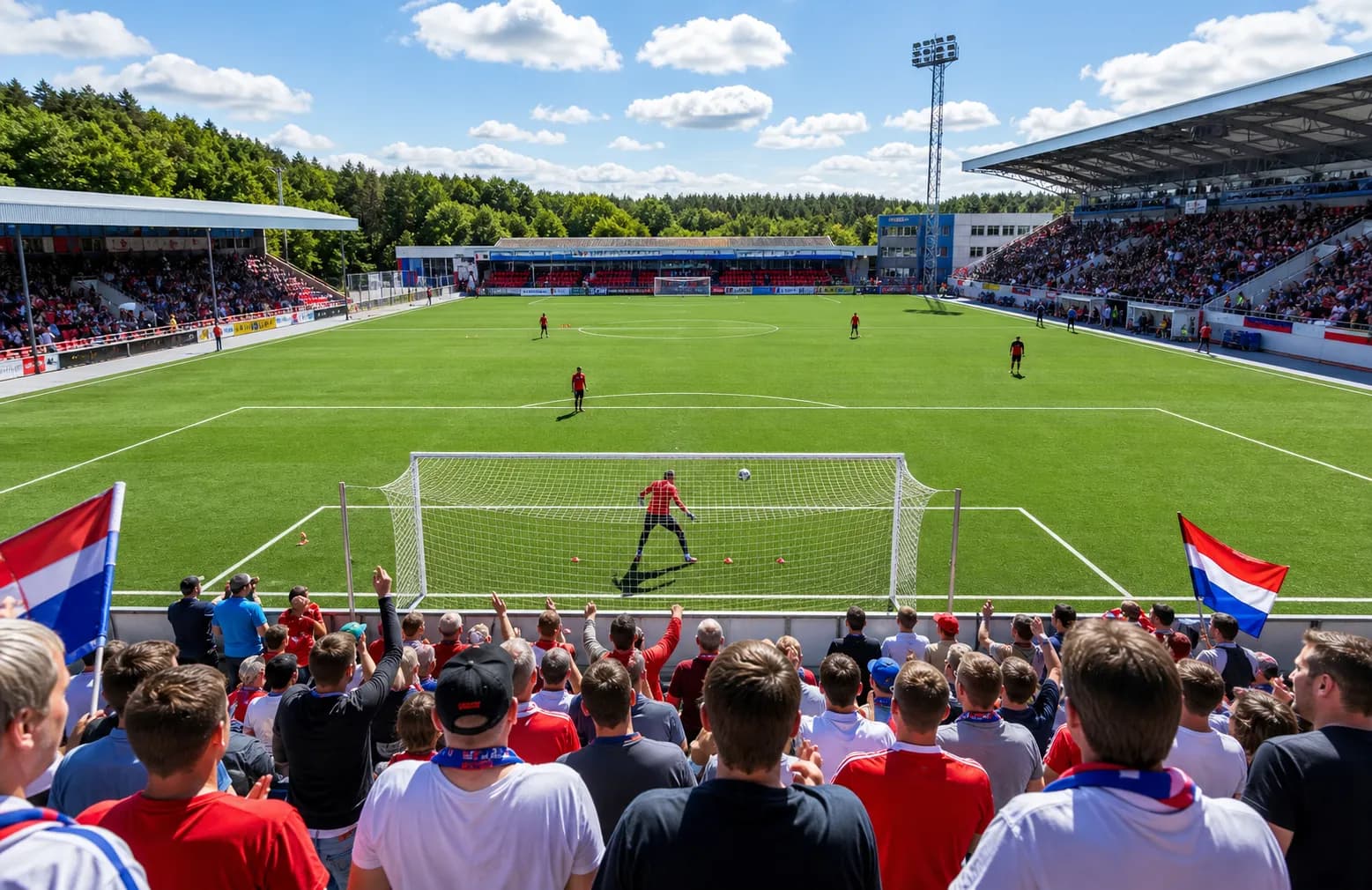 Bright realistic fans watching goalkeeper warmup in stadium