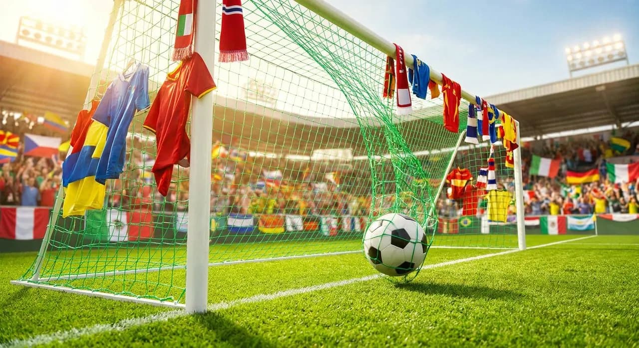 A football crossing the goal line under bright stadium floodlights with vivid green pitch and colorful crowd accents in warm natural light