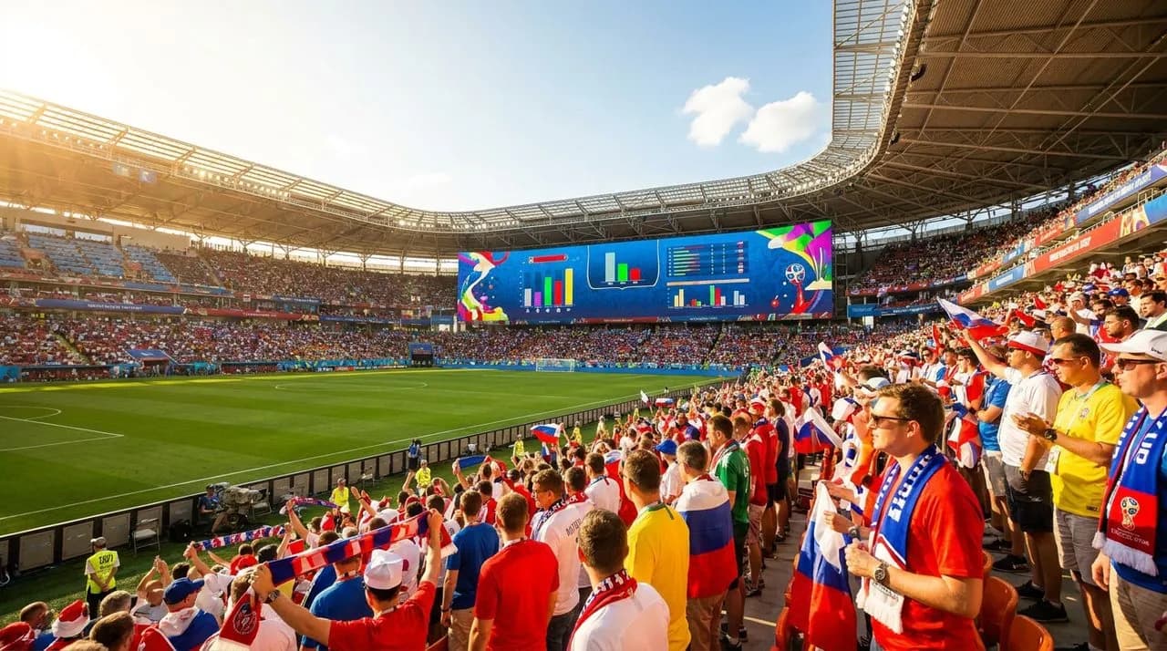 Sunlit stadium big screen displaying statistical graphics with cheerful World Cup atmosphere and colorful supporter scarves visible below