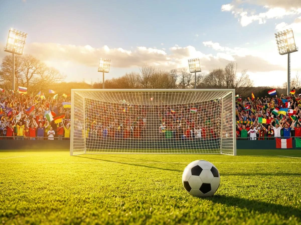 A soccer ball nestled in the back of a goal net on a vibrant green pitch under bright stadium lights, with colorful scarves and flags adding festive World Cup atmosphere