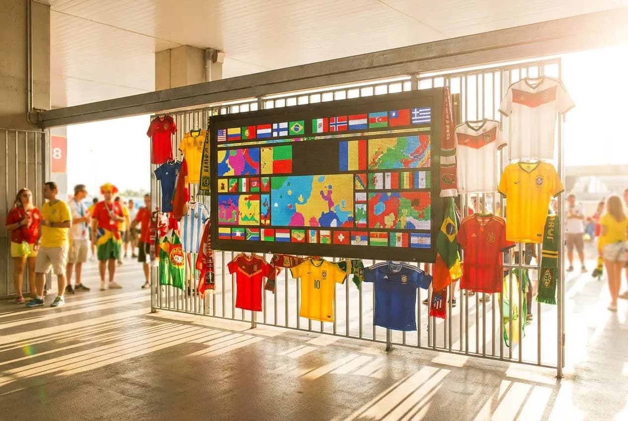 A sunlit digital scoreboard display in a modern stadium concourse showing match statistics, surrounded by cheerful fans in colorful jerseys under warm natural light