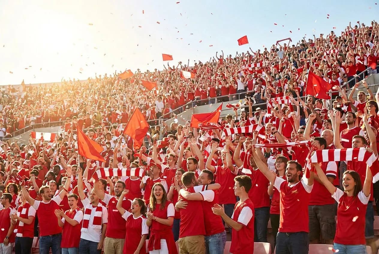 Jubilant fans in bright red jerseys celebrating with raised arms in brilliant daylight, flags and scarves waving in a festive World Cup atmosphere