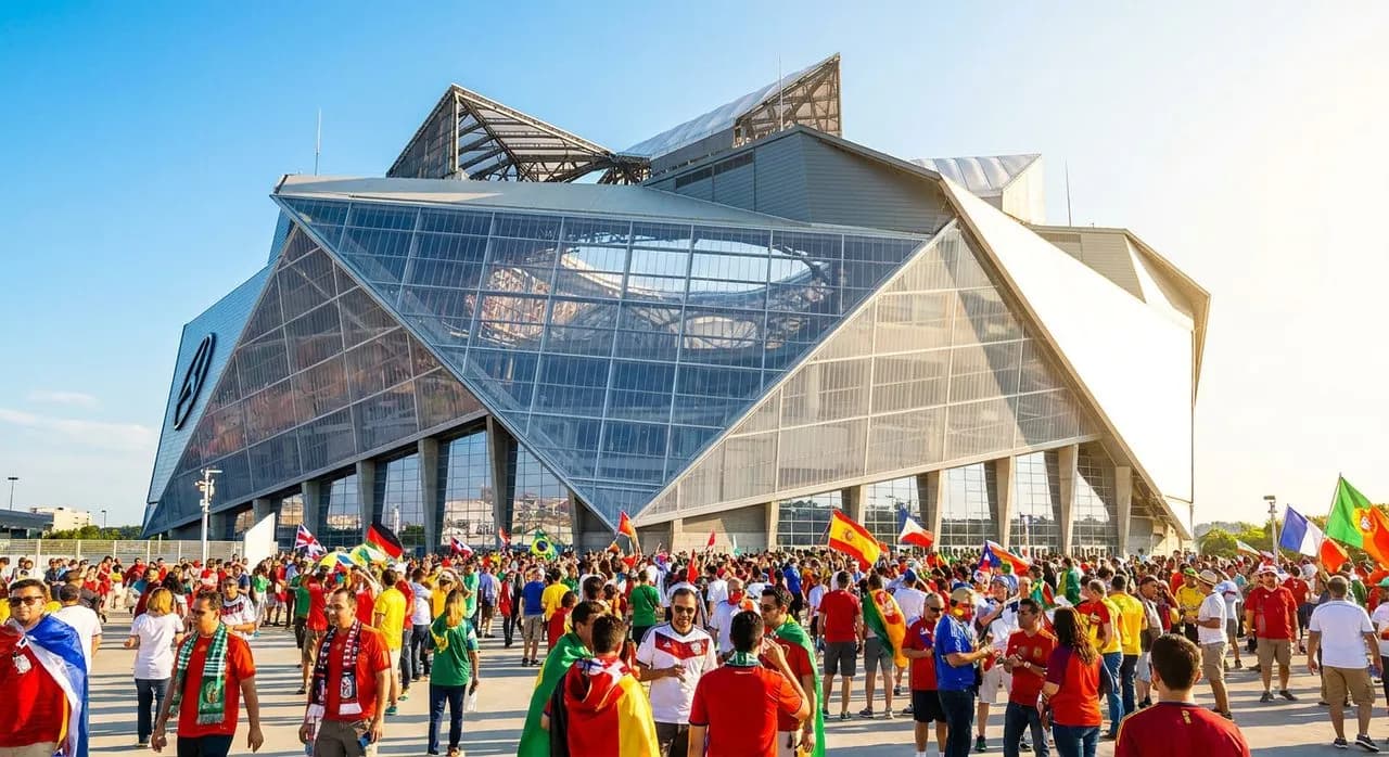 Exterior view of Mercedes-Benz Stadium's distinctive pinwheel retractable roof petals against clear blue Atlanta sky