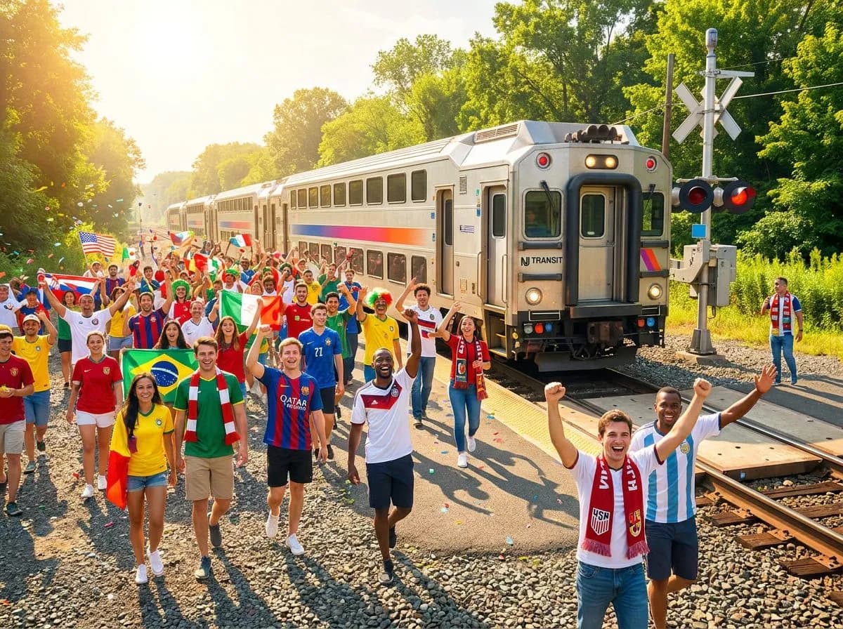 NJ Transit train pulling into a sun-drenched platform near MetLife Stadium as World Cup fans in colorful jerseys step off, bright summer sky overhead