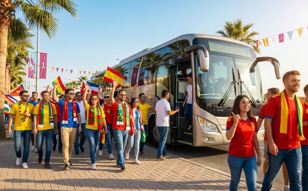 Official shuttle bus doors opening under clear blue sky as fans in national team scarves board near East Rutherford, warm afternoon light