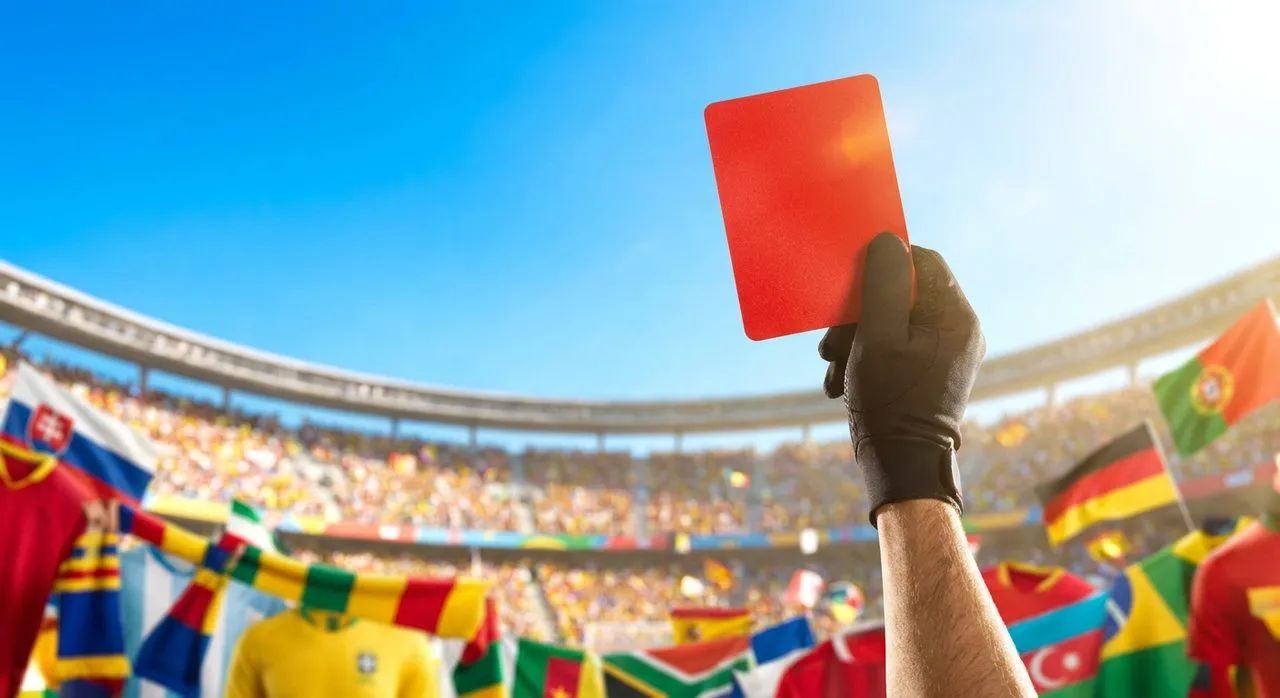 A referee's hand holding a bright red card high against a sunny stadium sky, with colorful scarves and flags blurred in the background, capturing a pivotal World Cup moment in warm natural light.