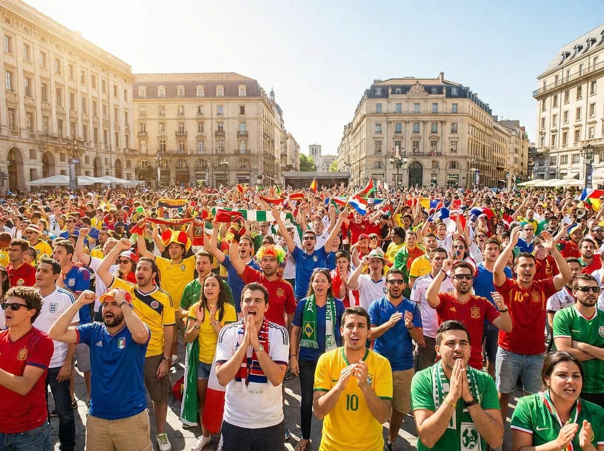 A tense crowd reacting in bright daylight, faces animated with emotion, colorful jerseys and flags visible, capturing the electric atmosphere of a World Cup knockout match under warm natural light.