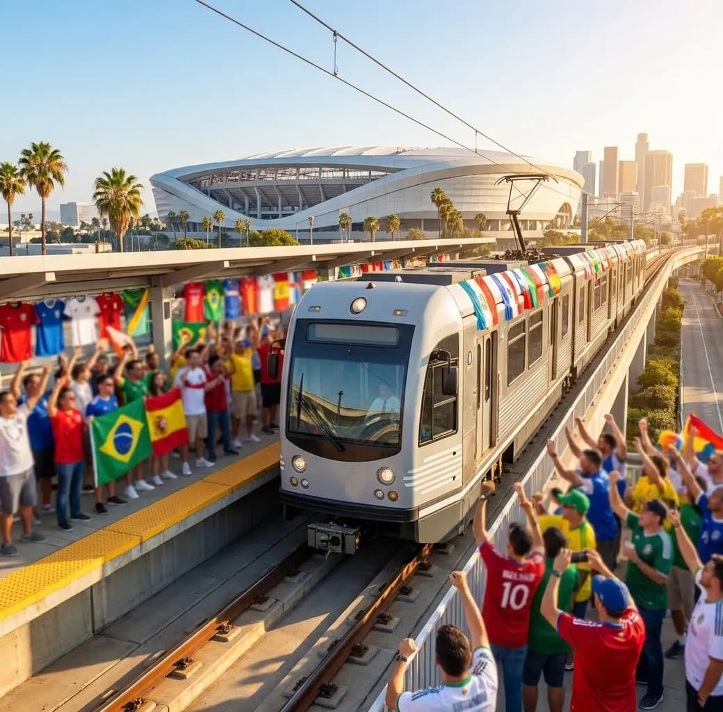 A bright LA Metro light-rail train gliding along an elevated track under sunny California skies, with fans in colorful jerseys visible through the windows, approaching a modern stadium district.