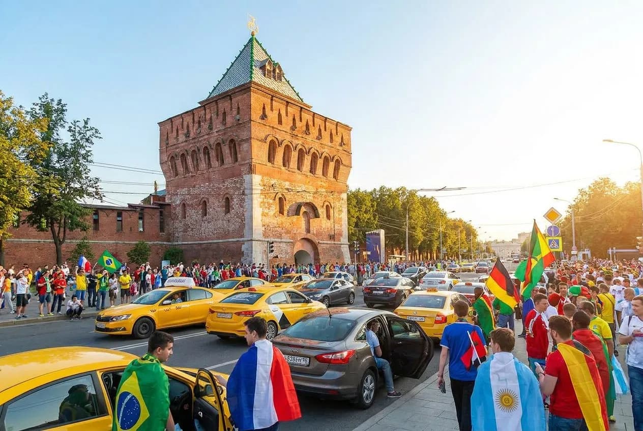 A bustling rideshare pickup zone on a sunny Inglewood street, with sedans and SUVs lined up as fans in national-team scarves walk toward waiting vehicles under clear blue skies.