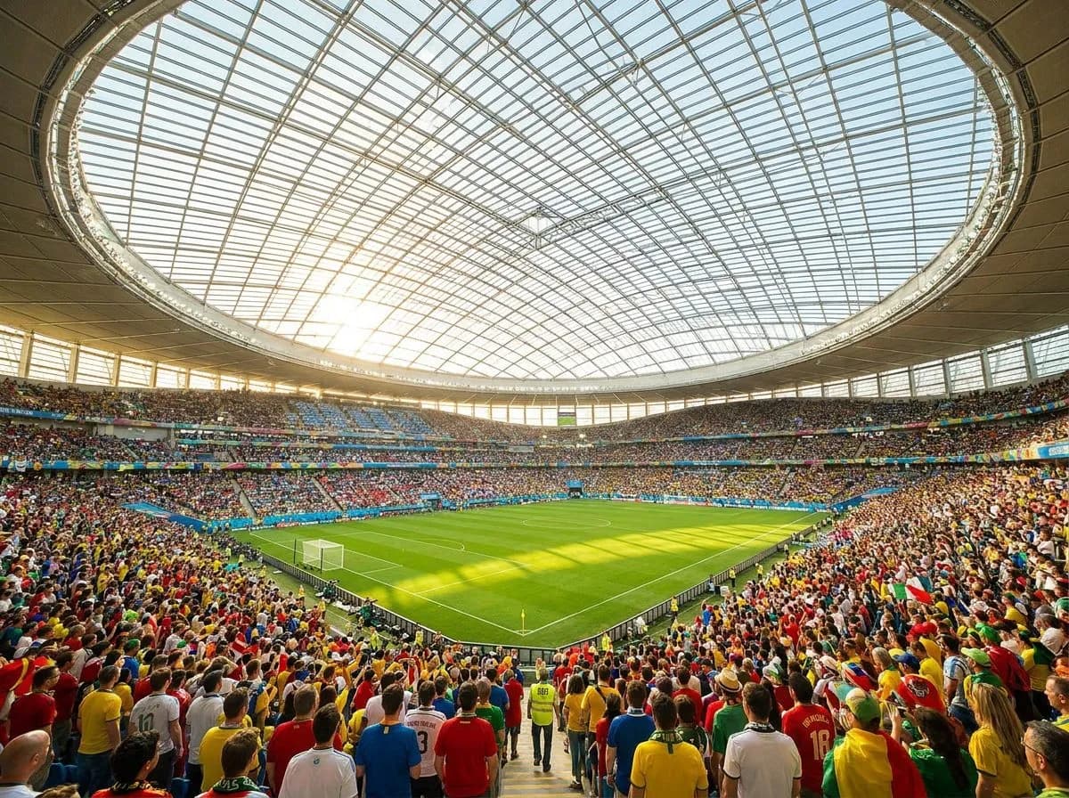 A vast modern stadium interior with a sweeping translucent canopy roof and green pitch under bright airy light