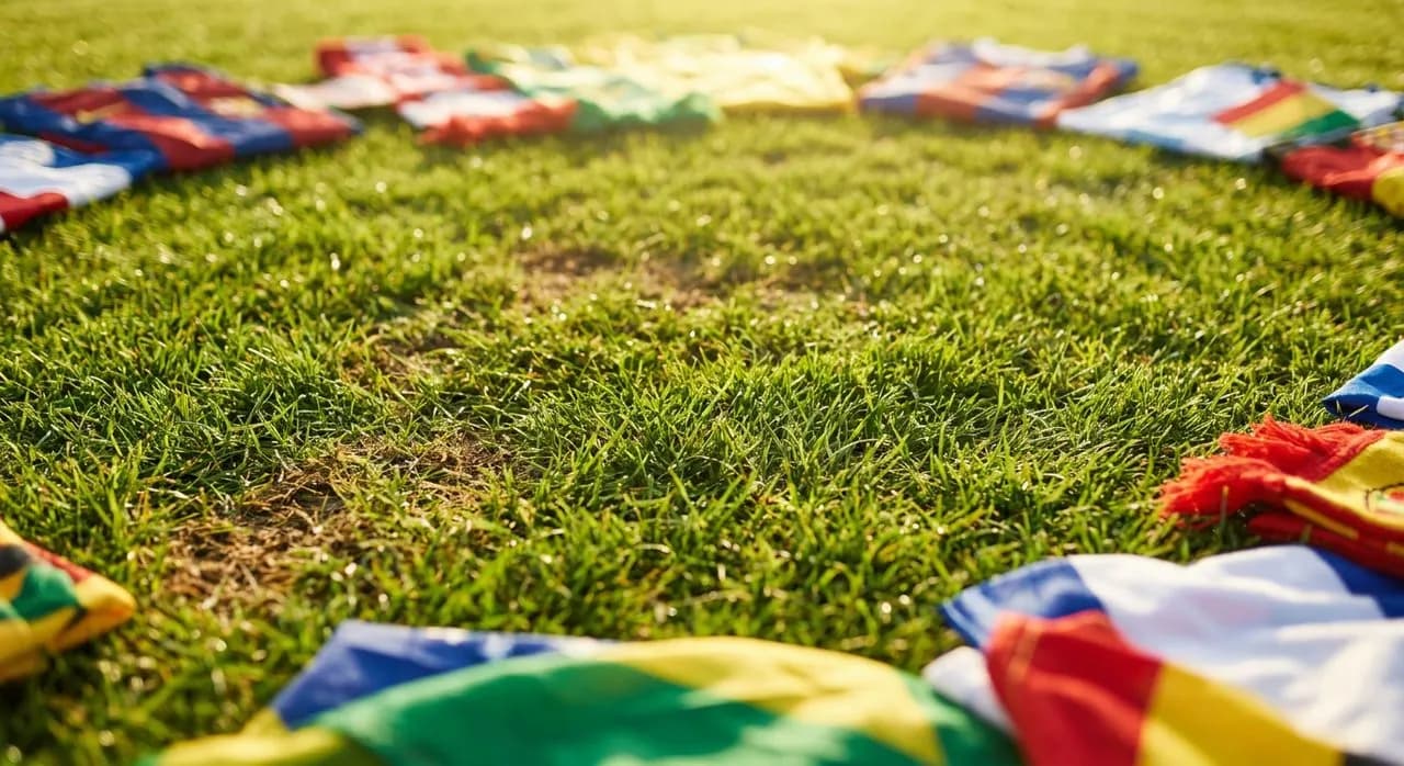 Close-up of a fresh green natural-grass pitch under soft daylight filtering through a translucent canopy