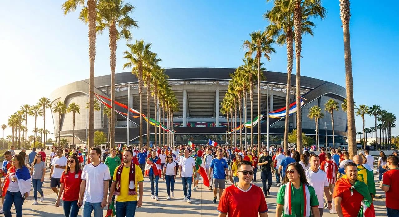 A sleek stadium exterior in a sunny Southern California district with palm trees and blue sky