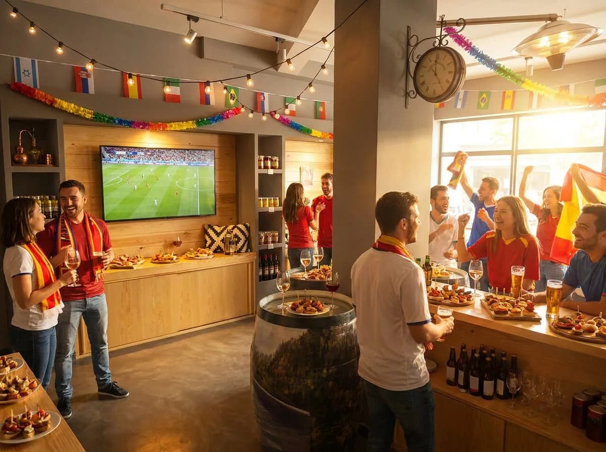 Warm lively tapas bar interior filled with fans watching a World Cup match on screens, bright festive atmosphere with Spanish scarves draped over chairs and natural sunlight streaming through windows