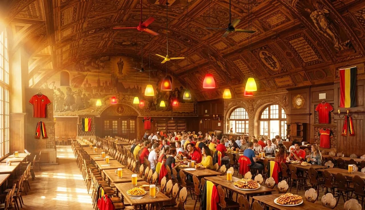 Belgian beer hall with long wooden tables under glowing brass lamps, fans in red and yellow colors gathered around screens, warm inviting light and cheerful World Cup energy