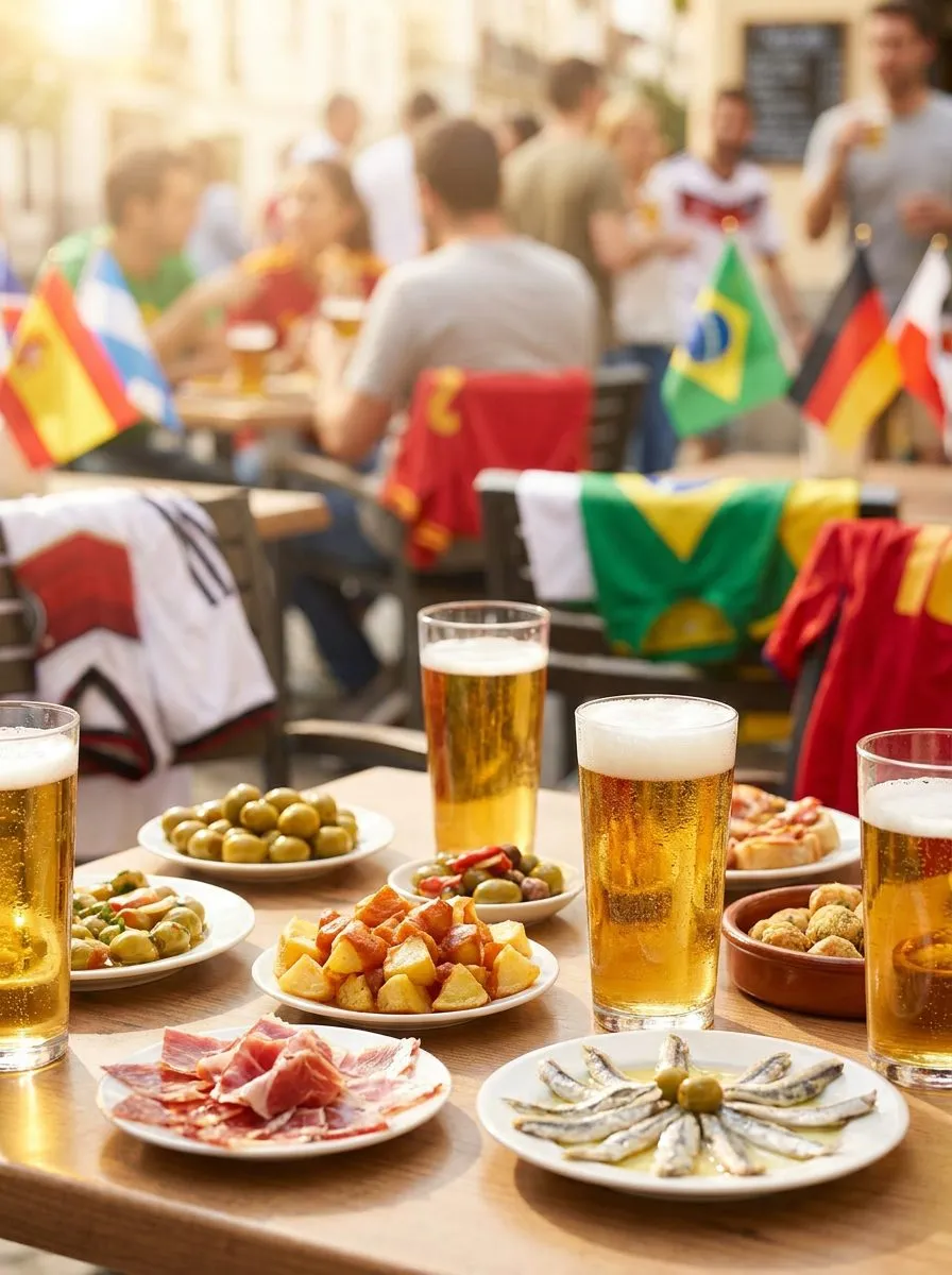 Shared plates of tapas and Belgian beers on a sunny bar table with World Cup match visible on screen in background, vibrant natural light and festive mood