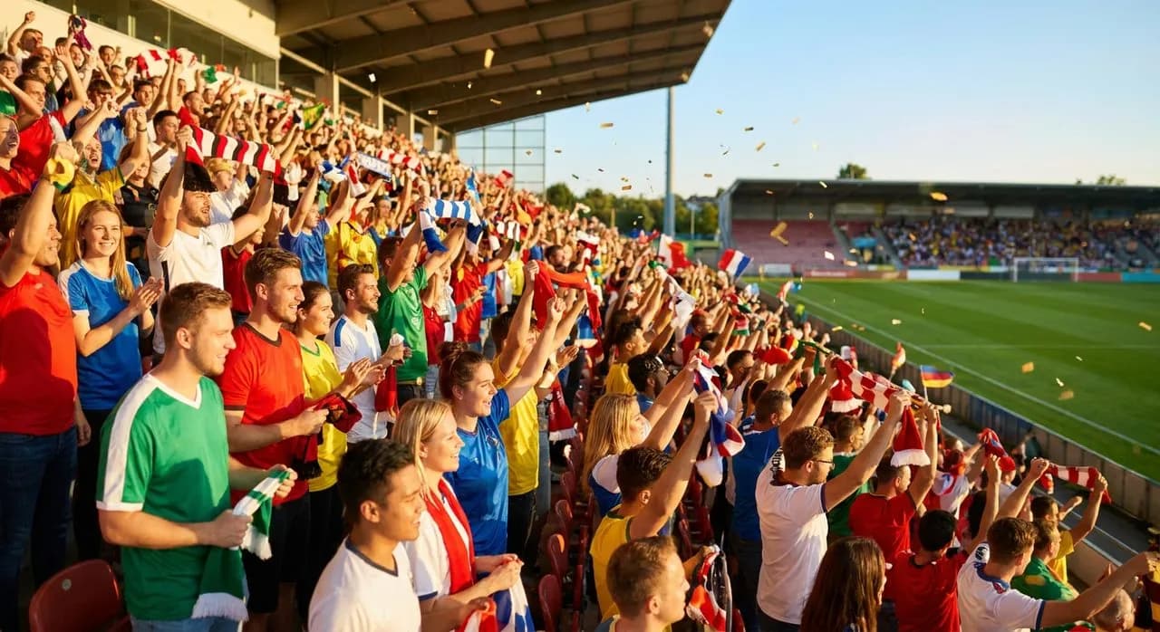 A cheerful mixed crowd in a sunny stand celebrating under warm natural light with festive tournament energy