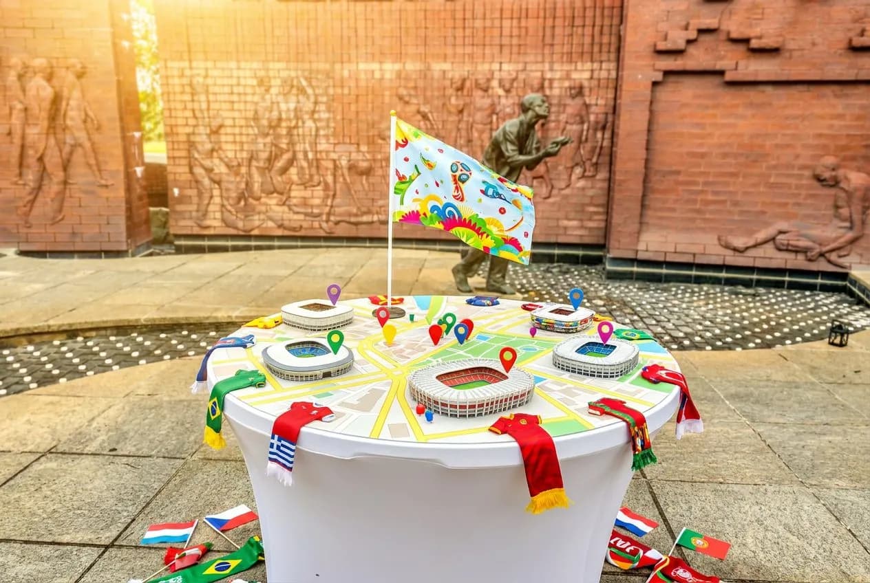 Bright tabletop map with colorful pins marking model stadiums and a small flag under warm natural light, festive World Cup scarves as accents