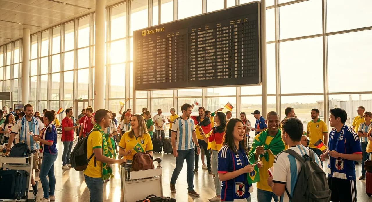 Sunny airport departures board with travelers in team jerseys under vivid natural light, cheerful World Cup atmosphere