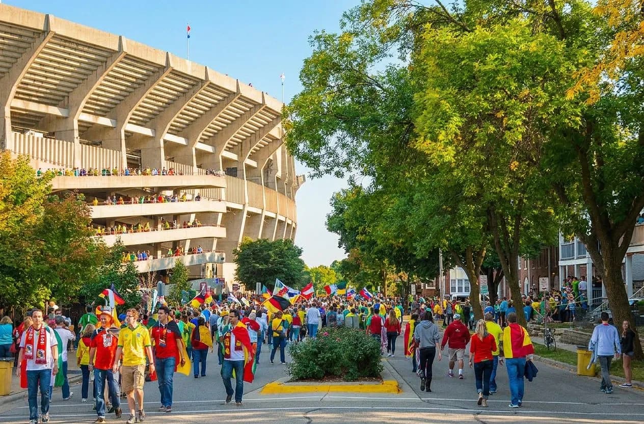 Modern stadium exterior under clear blue sky with fans arriving, bright sunlight, festive scarves and flags visible