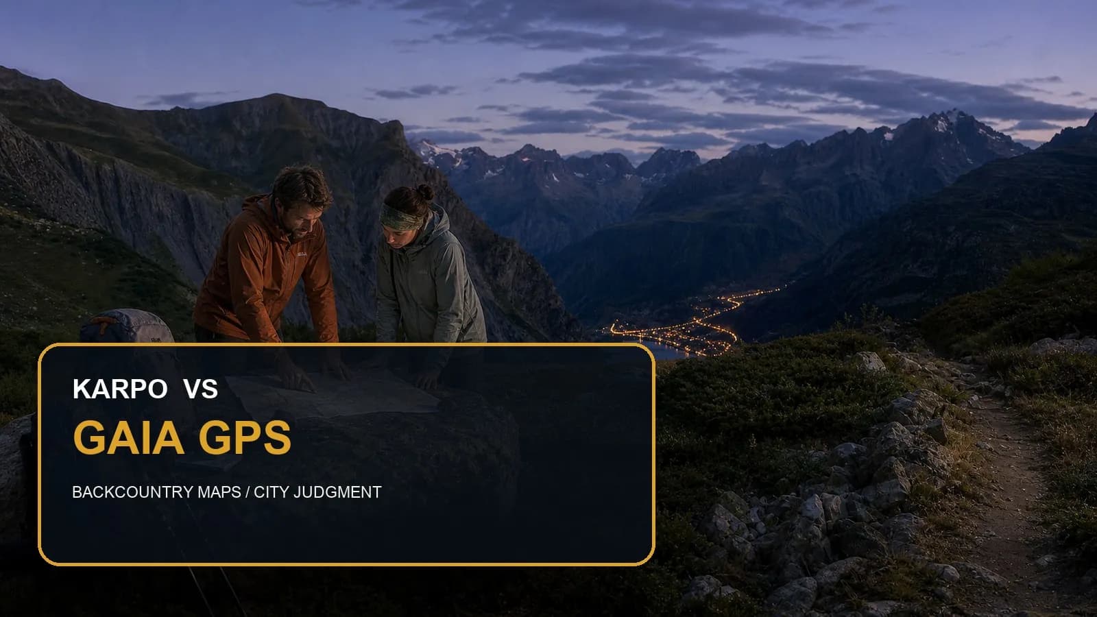 Karpo versus Gaia GPS in a photorealistic editorial city comparison.