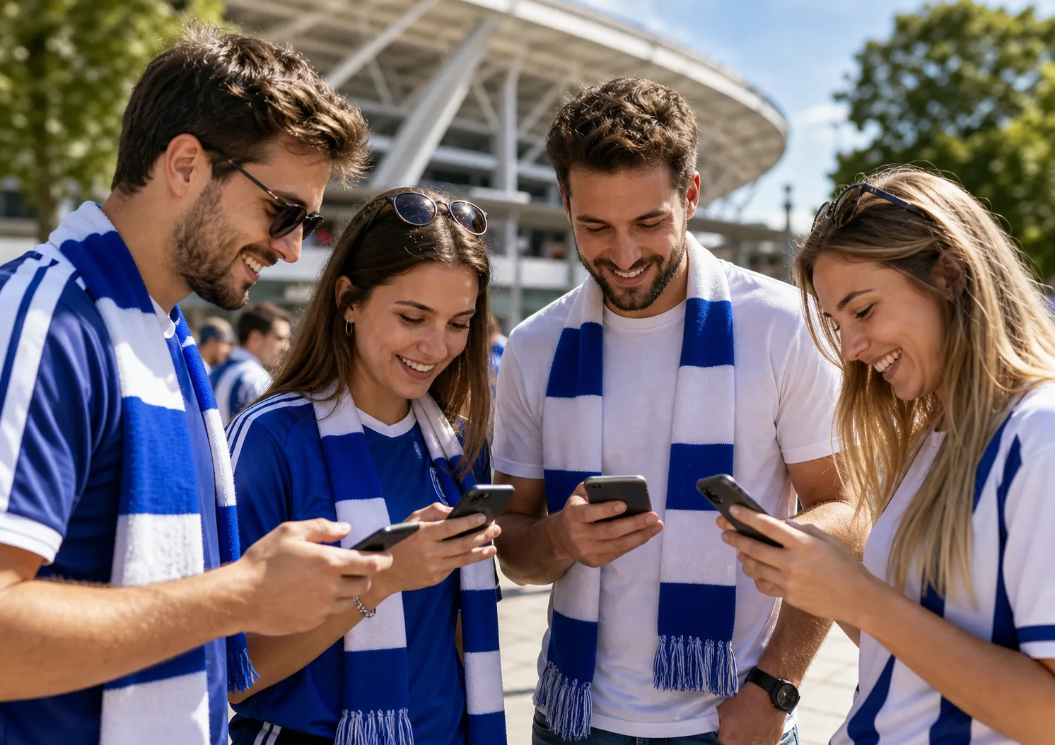 Bright realistic fans checking soccer games today on phones