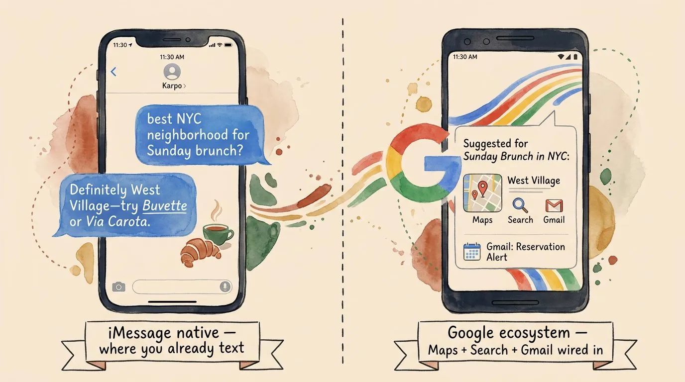 Side-by-side comparison: Karpo running in iMessage on iPhone vs Gemini on a Pixel phone — specialist city concierge vs Google's generalist assistant