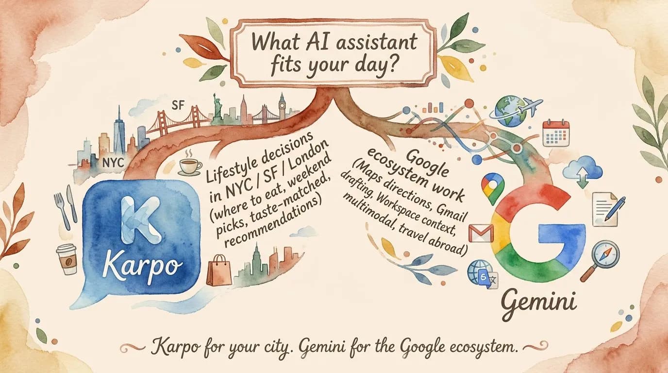 Decision tree: Karpo for city decisions, Gemini for Google ecosystem