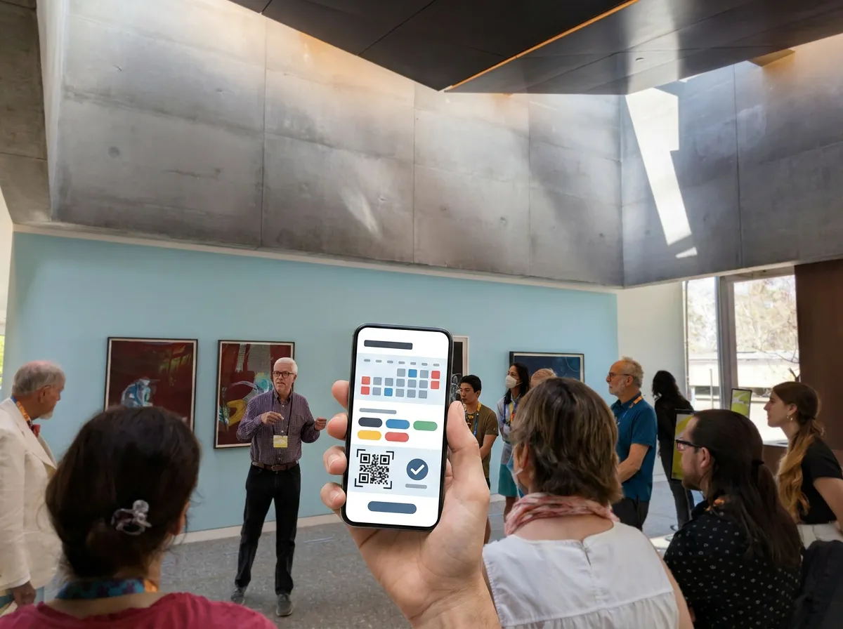 A museum tour group with a phone showing abstract ticket and time-slot blocks, representing GetYourGuide bookable experiences
