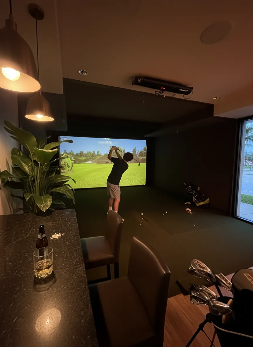An upscale Miami indoor golf lounge in the evening, a lit simulator screen at the end of the bay, pendant lights over a dark stone counter and a leaning golf bag