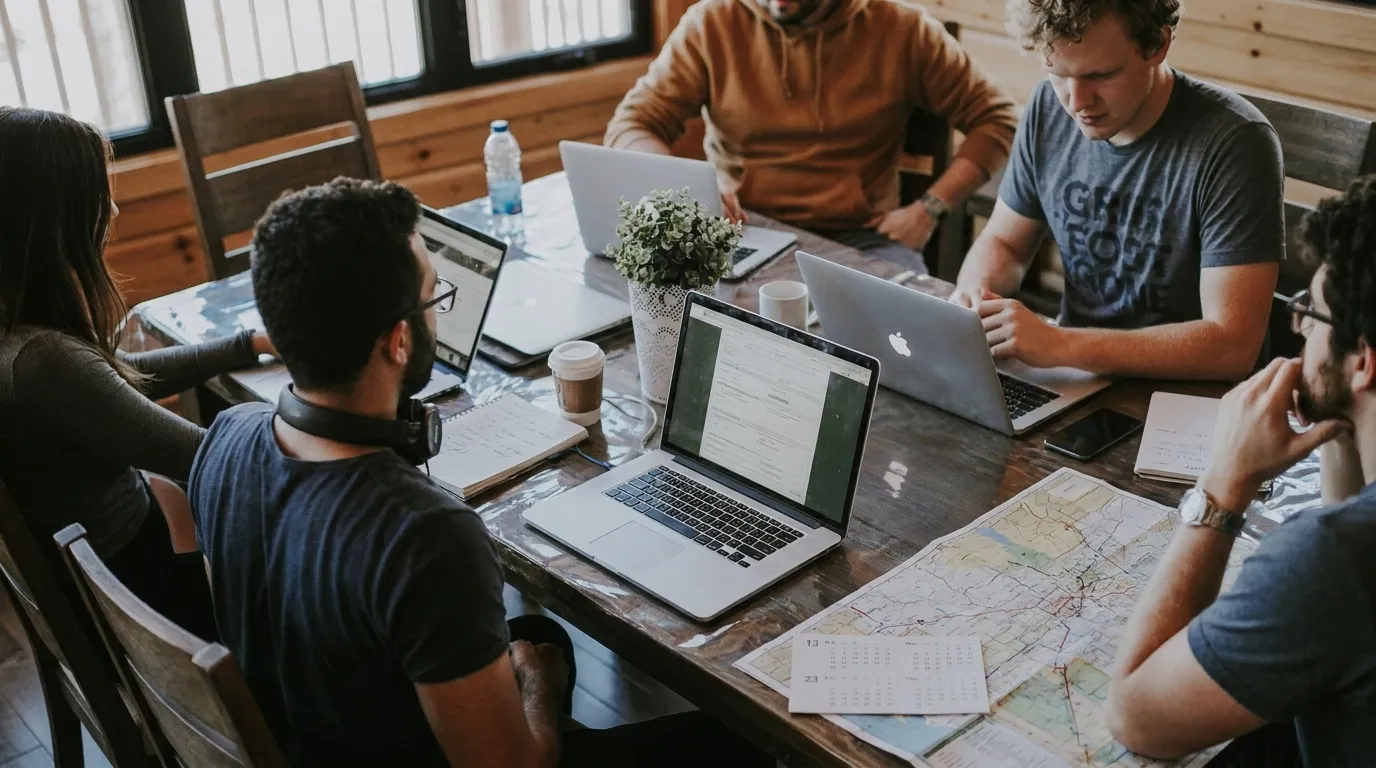 A photorealistic sales team table comparing Gong revenue intelligence with Karpo client-day planning
