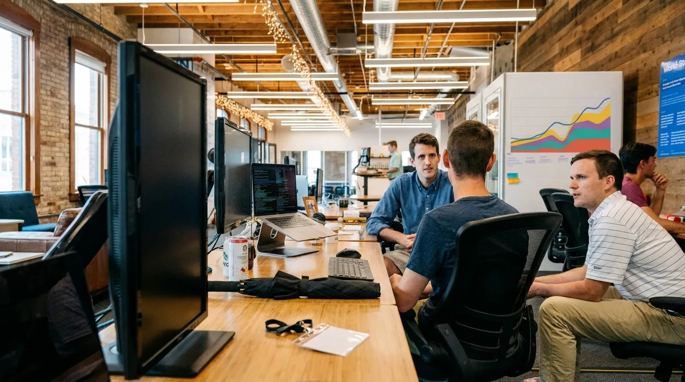 A revenue team preparing for a client meeting in an open office