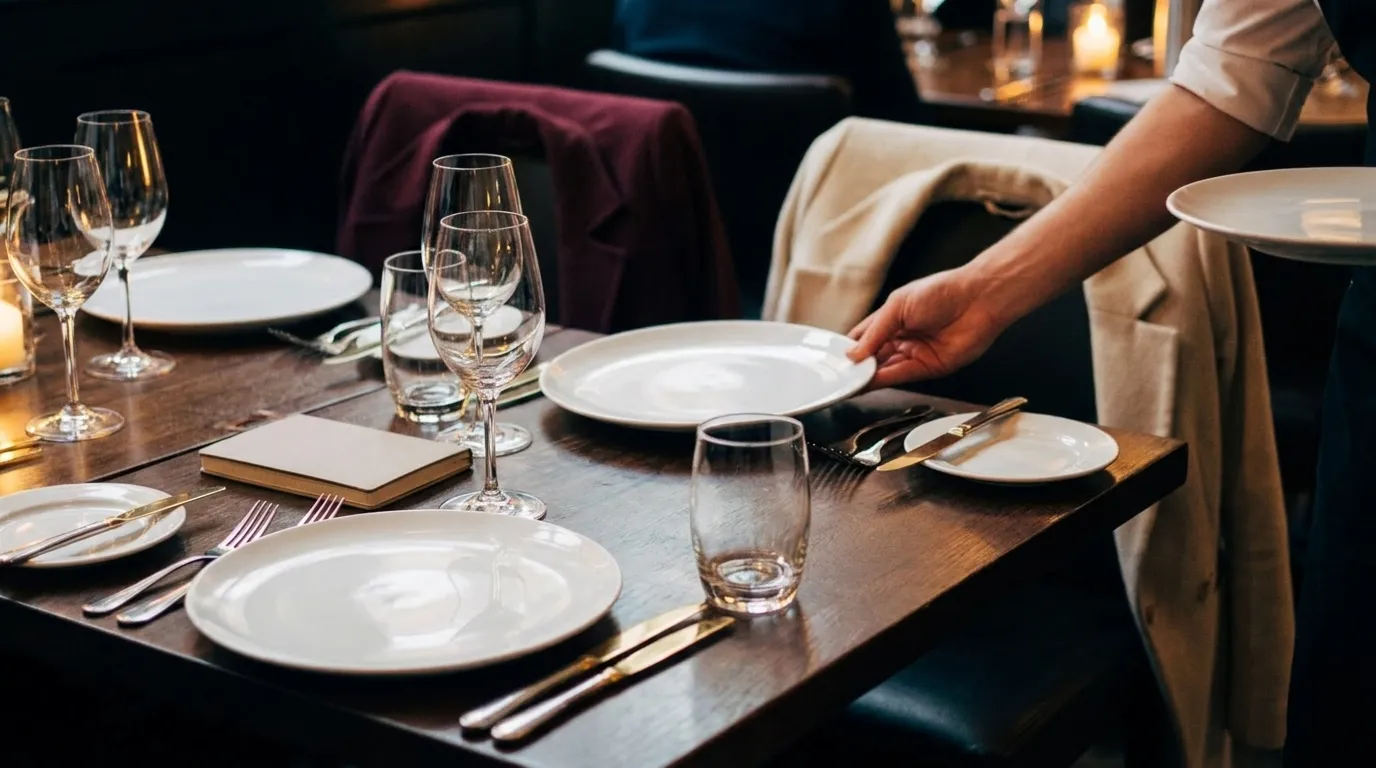 A quiet client dinner table illustrating the final real-world mile after revenue intelligence