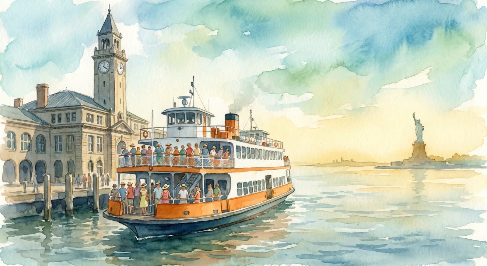 AI-generated watercolor: the free Governors Island ferry departing the Battery Maritime Building in Lower Manhattan on a summer morning, ferry boat with passengers on deck, the Statue of Liberty in the distance