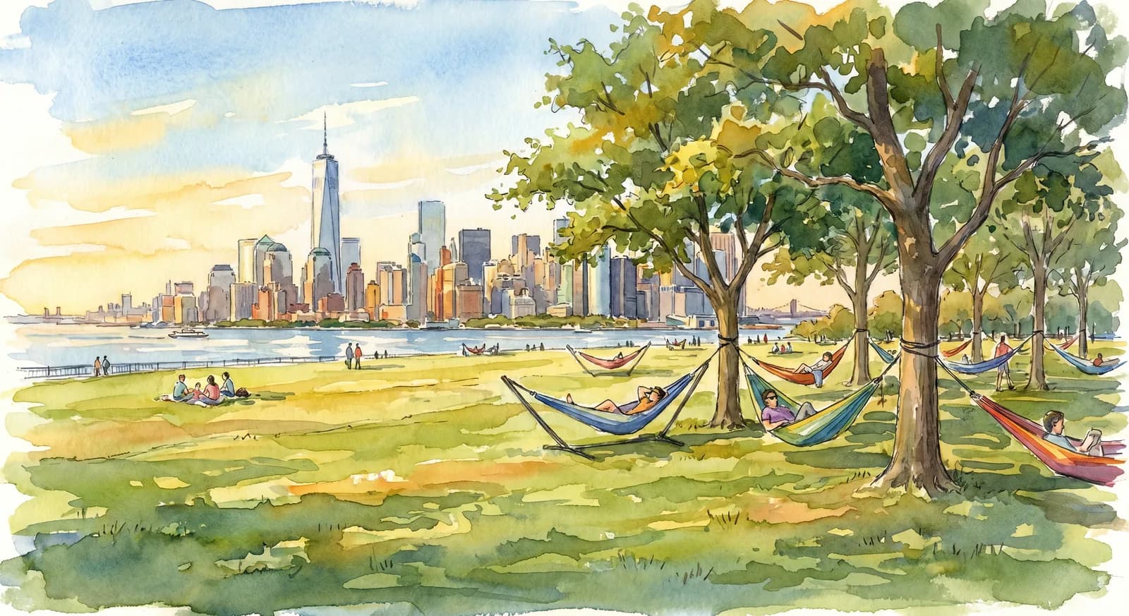 AI-generated watercolor: a wide grassy meadow on Governors Island on a summer afternoon, people on hammocks slung between trees, the Lower Manhattan skyline across the harbor