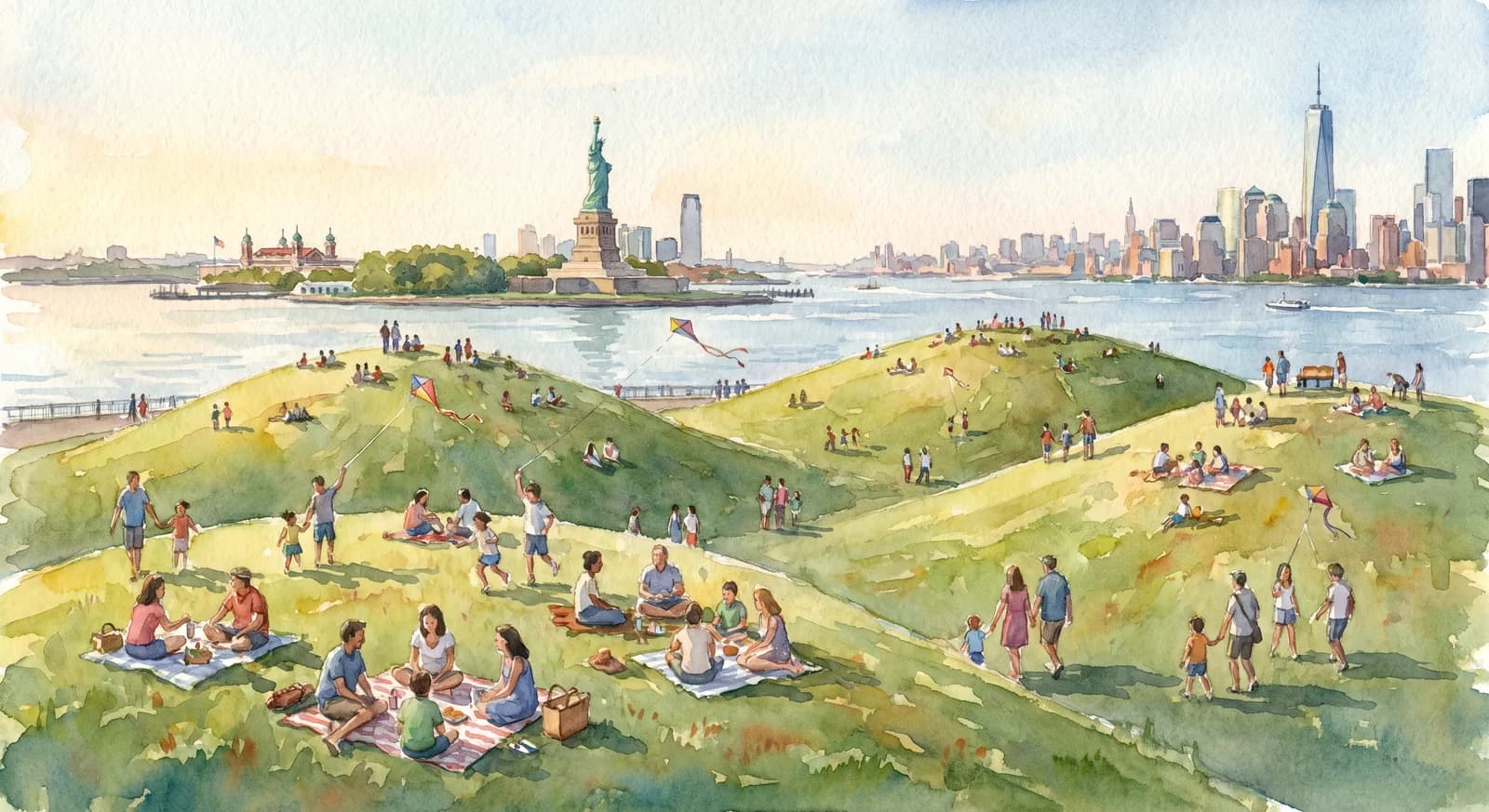 AI-generated watercolor: the Hills at Governors Island with a panoramic view of the Statue of Liberty and Ellis Island, summer crowds picnicking on the slopes