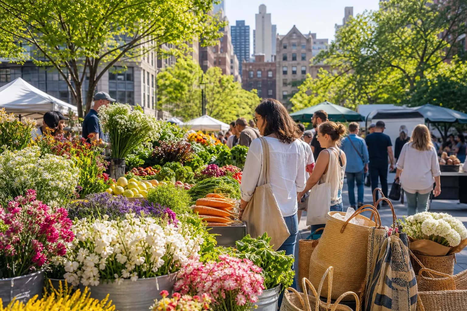 A bright NYC farmers market picnic scene with flowers and produce