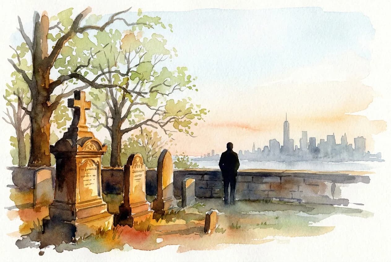 AI-generated watercolor: view from Battle Hill in Green-Wood Cemetery, Brooklyn, looking southwest — Victorian gravestones in warm amber foreground, rolling glacial hills, hazy Manhattan skyline as cool grey-blue silhouettes on the horizon, a lone human silhouette at a stone wall