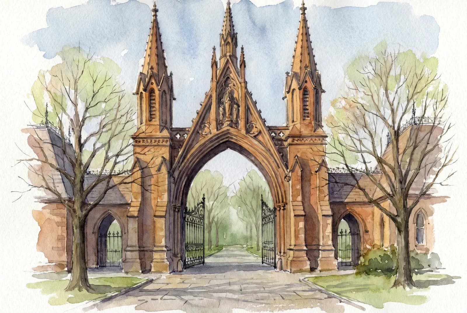 AI-generated watercolor: the Gothic Revival brownstone entrance gates of Green-Wood Cemetery on Fifth Avenue, Brooklyn — pointed stone spires framing an open iron gate, a stone path receding into soft spring-green tree canopy, warm ochre-brown stone against a cool blue-grey afternoon sky