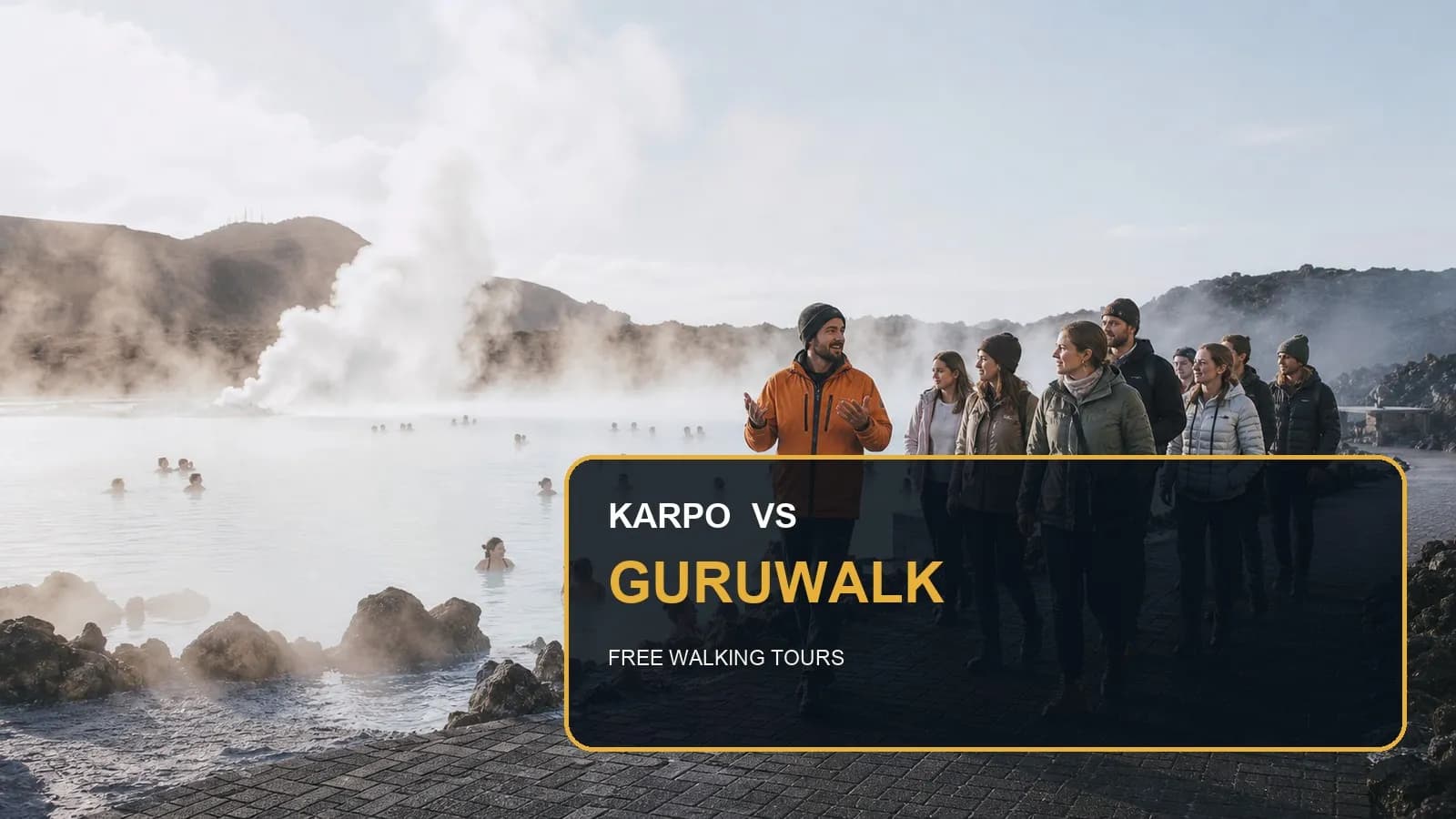 Karpo versus GuruWalk in a photorealistic editorial city comparison.