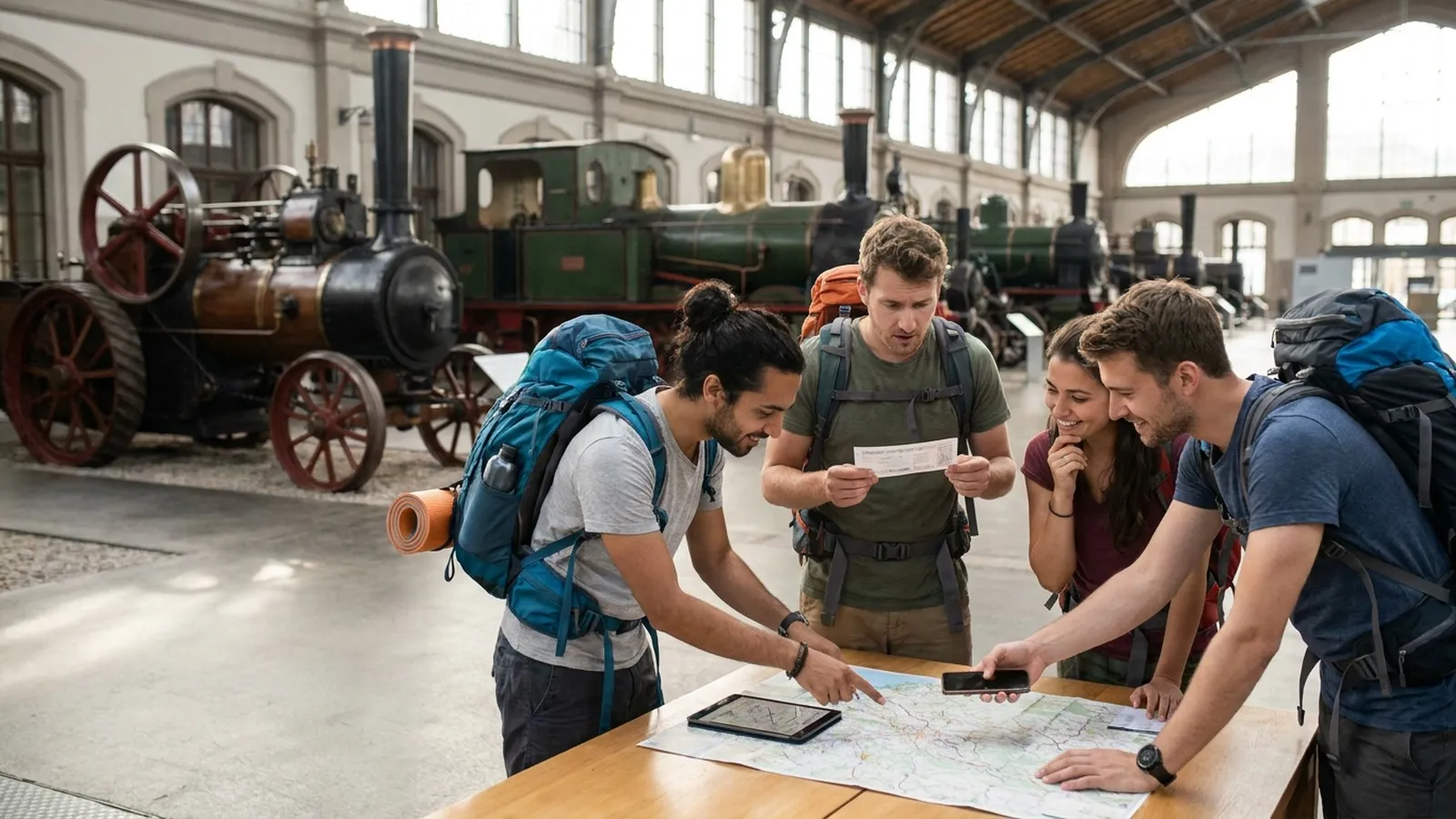 Photorealistic group decision scene showing when to use Karpo and when to use ÖBB.
