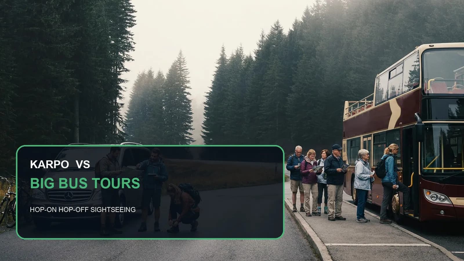 Karpo versus Big Bus Tours in a photorealistic editorial comparison.