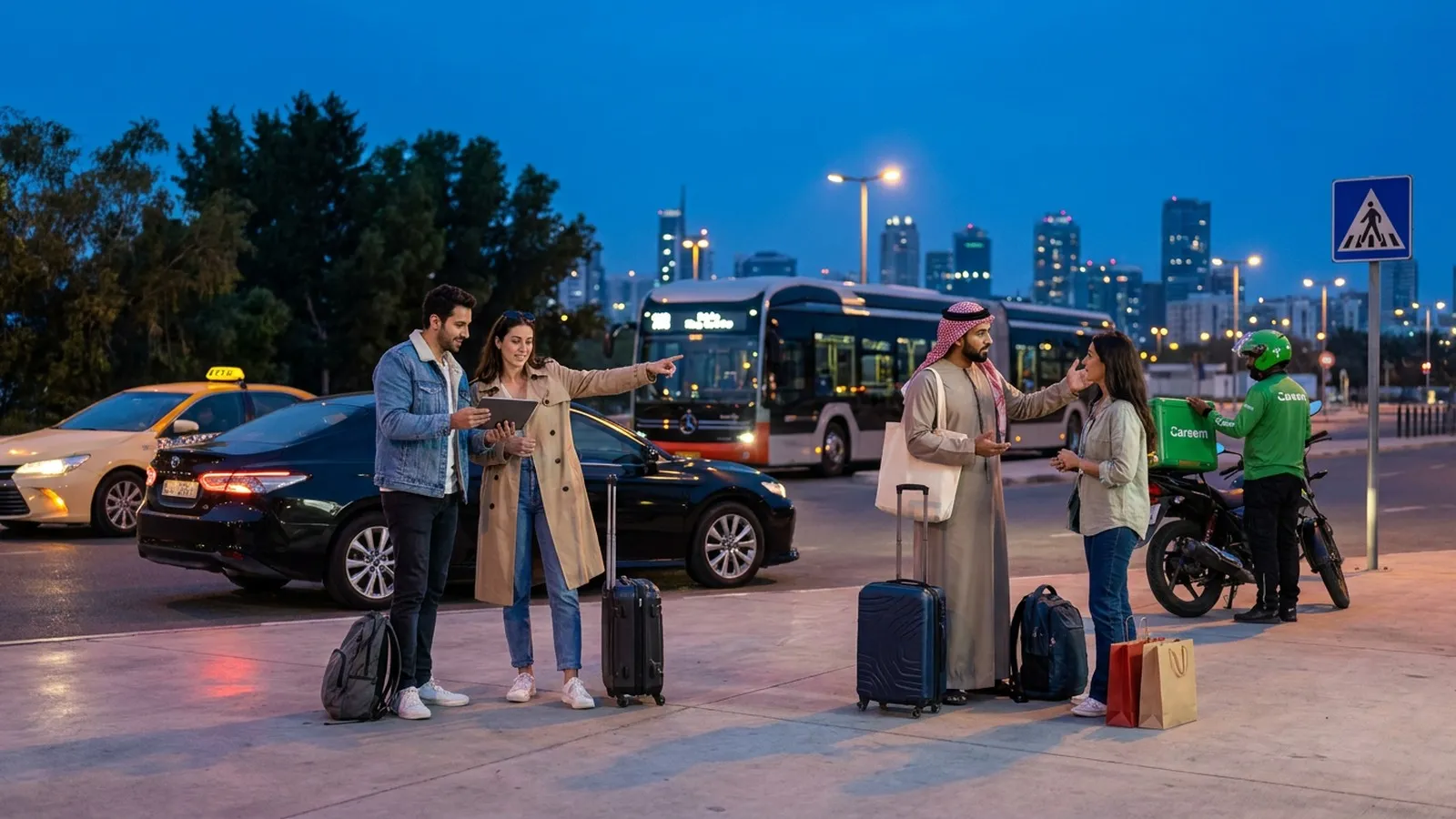 Photorealistic group decision scene showing when to use Karpo and when to use Careem.